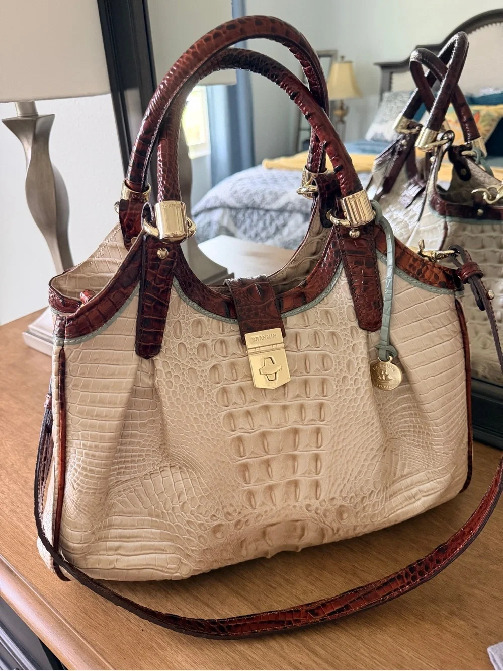 NWT Brahmin Elisa Linen Croc-Embossed Leather Satchel